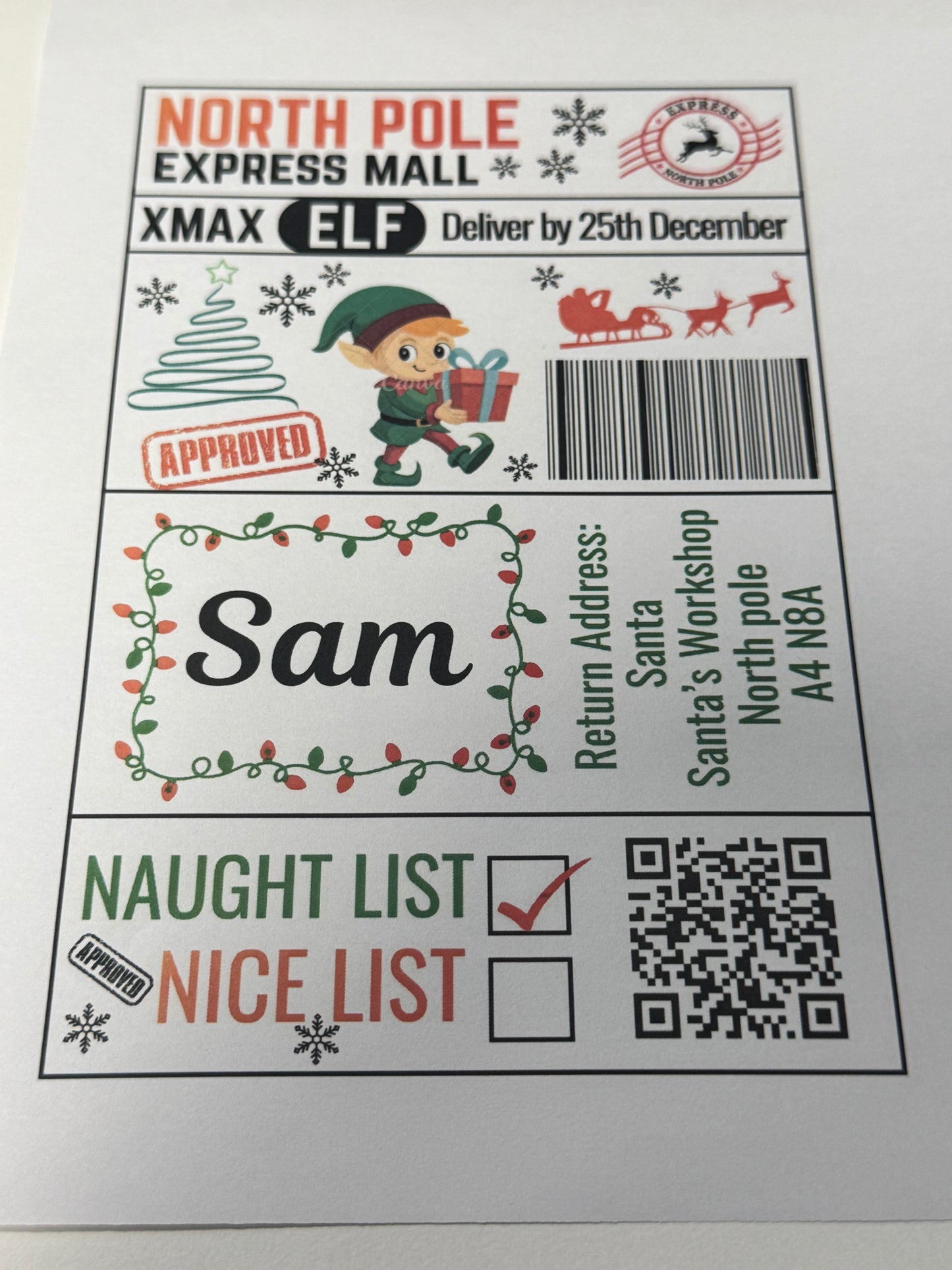 North Pole Express Mall Santa Boy Elf Naughty/Nice Gift Postage Label 4x6 inches pack 10