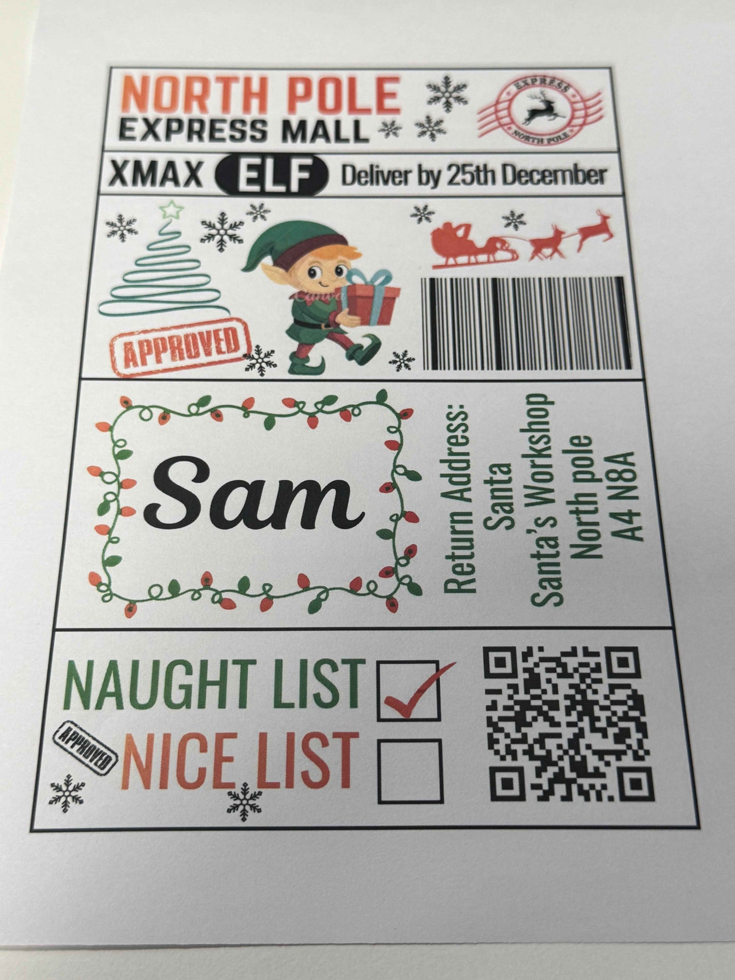 North Pole Express Mall Santa Boy Elf Naughty/Nice Gift Postage Label 4x6 inches pack 10 - Snazzy Dudds