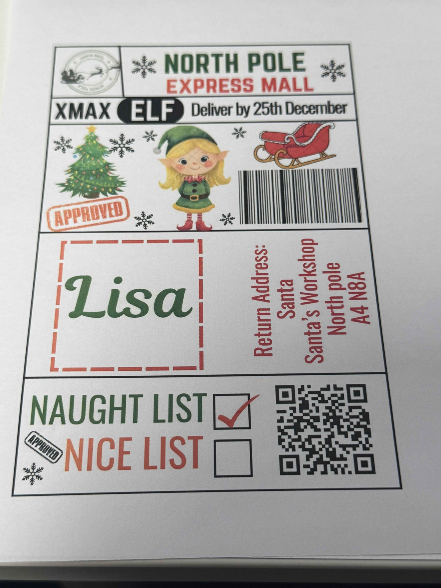 North Pole Express Mall Santa Girl Elf Naughty/Nice Gift Postage Label 4x6 inches pack 10 - Snazzy Dudds