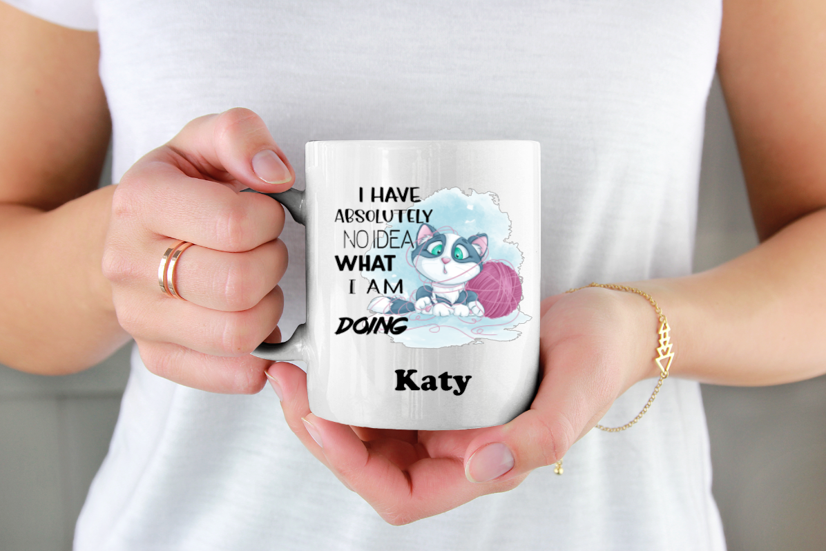 Absolutely No Idea what I' Doing Personalised Cup with Cat and string design image