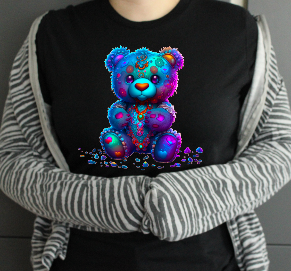 Blue Bear with Gemstone black tshirt