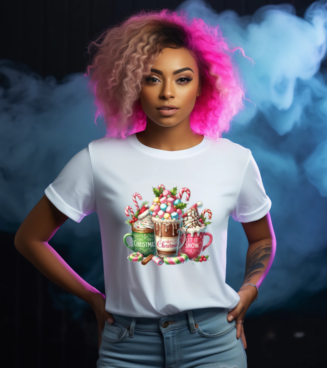 Person wearing a white t-shirt with a colorful graphic design christmas drinks and marshmallows