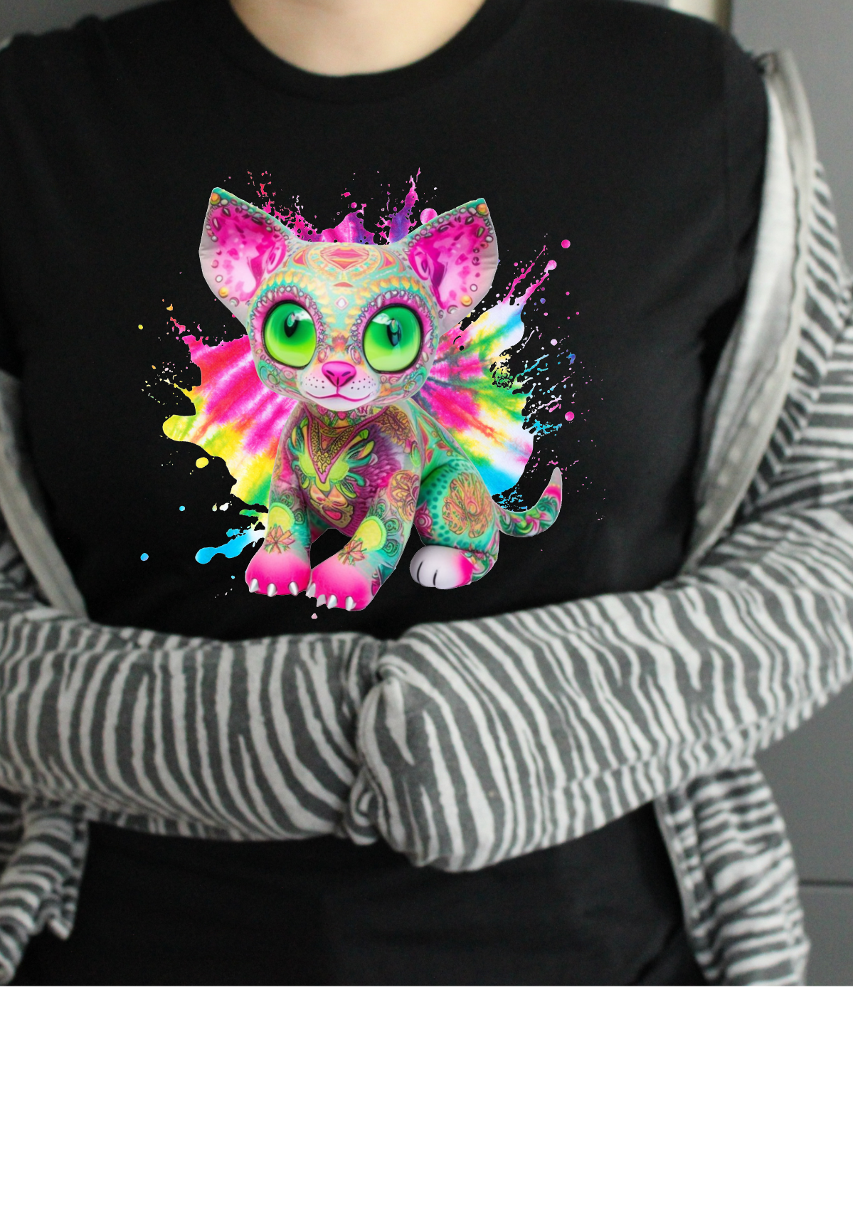 Cat Sphinx Pink and Green Tie Dye Colourful Unisex Crew Neck Tshirt
