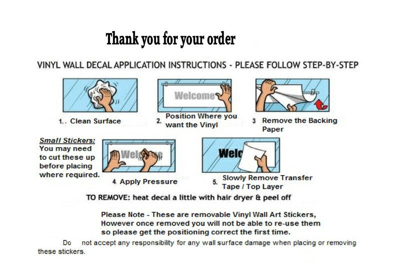Application instructions for vinyl wall decals on a white background