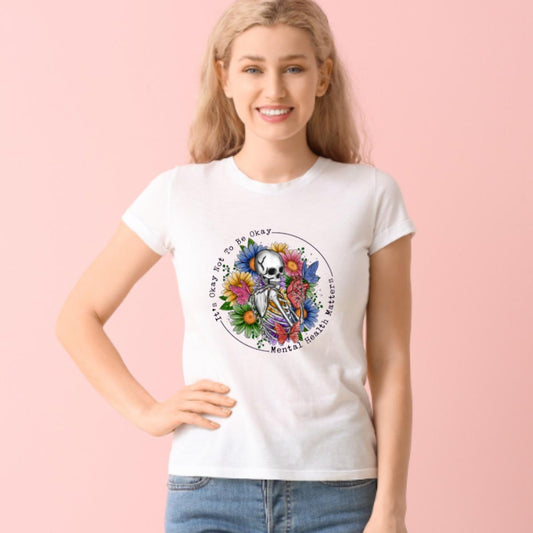 It’s Ok Not To Be Okay Mental Health Matters Skeleton Gothic Flower Graphic White Tshirt