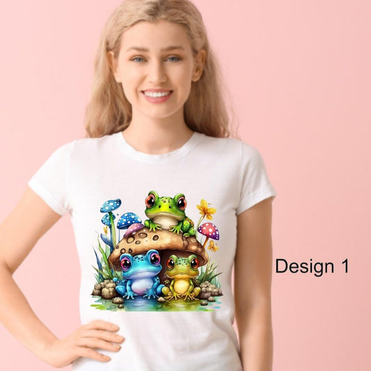 white tshirt with frog and mushroom