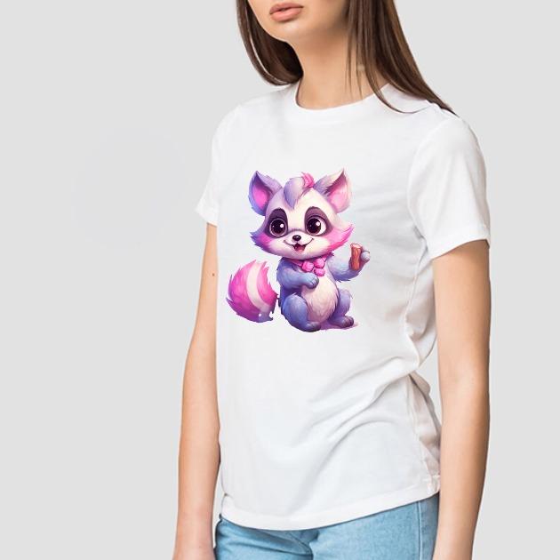 Pink Racoon Colourful Image on Tshirt - Unisex Casual Crew Neck 100% Cotton