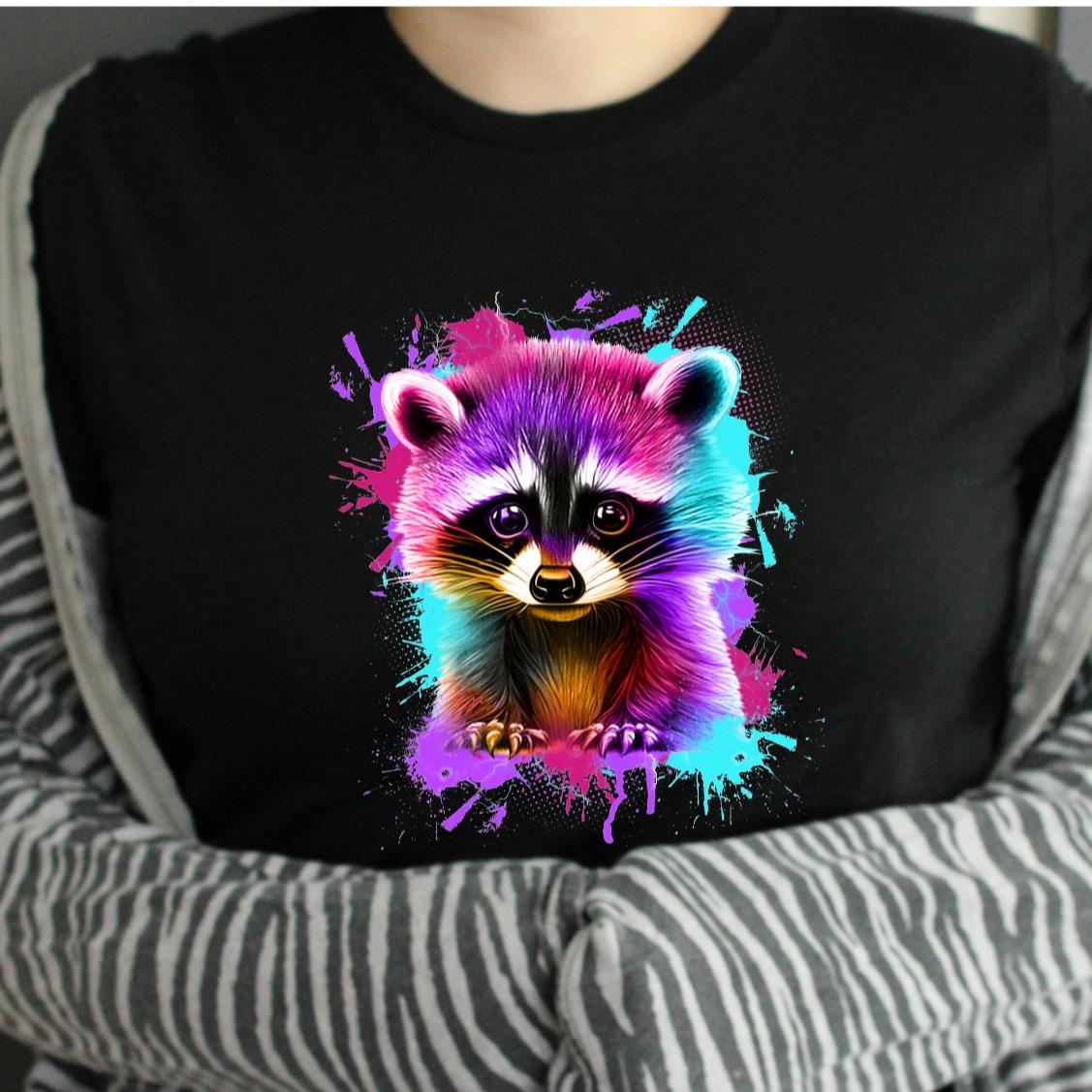 Racoon Colourful Image on Tshirt - Unisex Casual Crew Neck Tshirt 100% Cotton