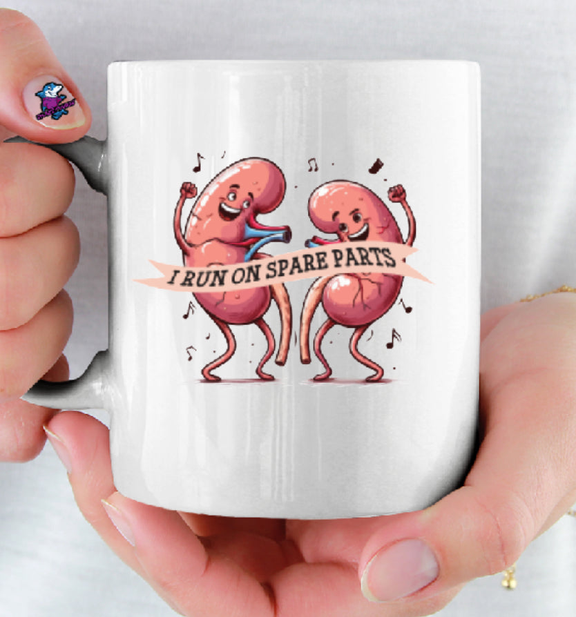 I Run On Spare Parts (Kidney Transplant Awareness) 11oz Cup Mug Kidney Survivor Gift