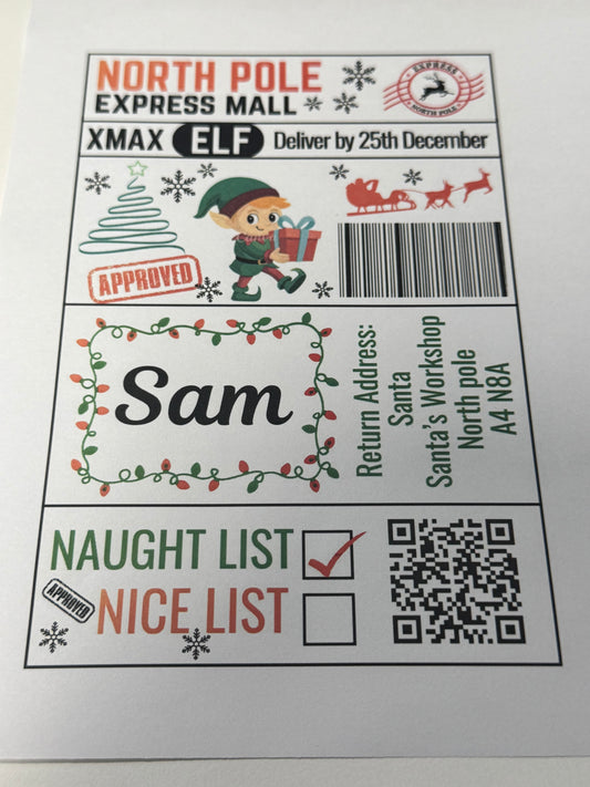 North Pole Express Mall Santa Boy Elf Naughty/Nice Gift Postage Label 4x6 inches pack 10