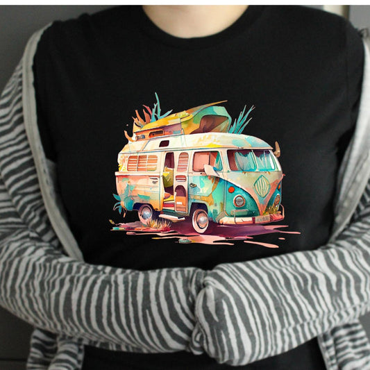 TSHIRT - VW Campervan Green Watercolour Design Unisex Casual Crew Neck Tshirt 100% Cotton