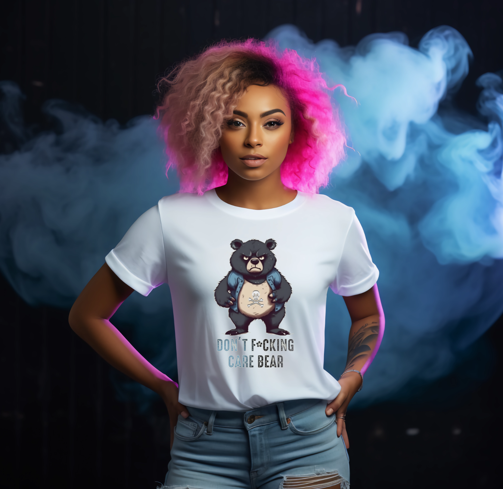 Person wearing a white t-shirt with a graphic design of a bear and text, standing against a dark background with smoke effects.