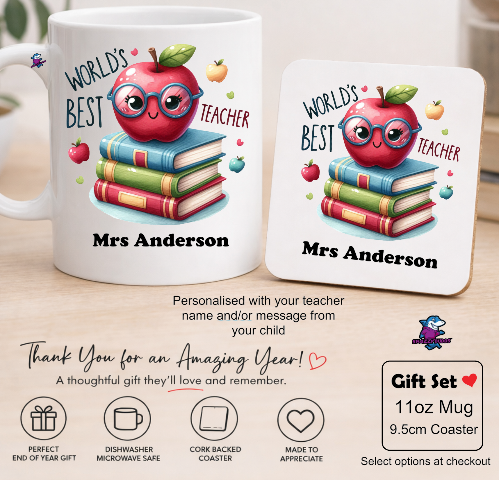 Personalised Teacher Mug & Coaster Set - Custom Thank You Gift Apple and Books for Teacher - Snazzy Dudds