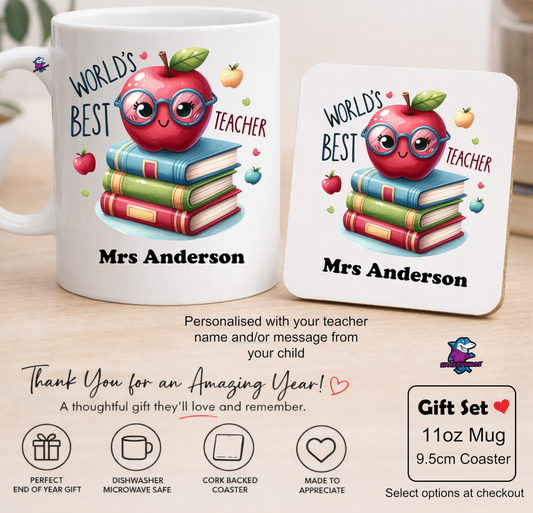 Personalised Teacher Mug & Coaster Set - Custom Thank You Gift Apple and Books for Teacher - Snazzy Dudds