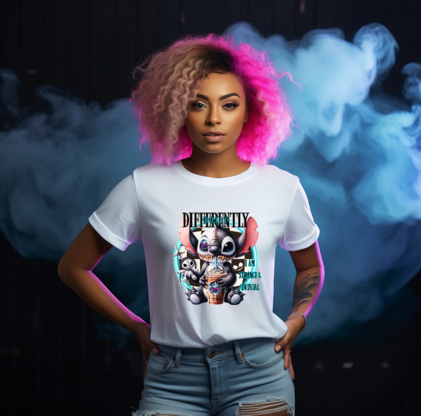 Person wearing a white t-shirt with a colourful graphic design gothic 