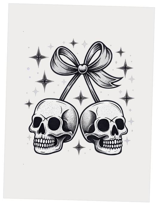 Illustration of two skulls with a bow and stars on a white background