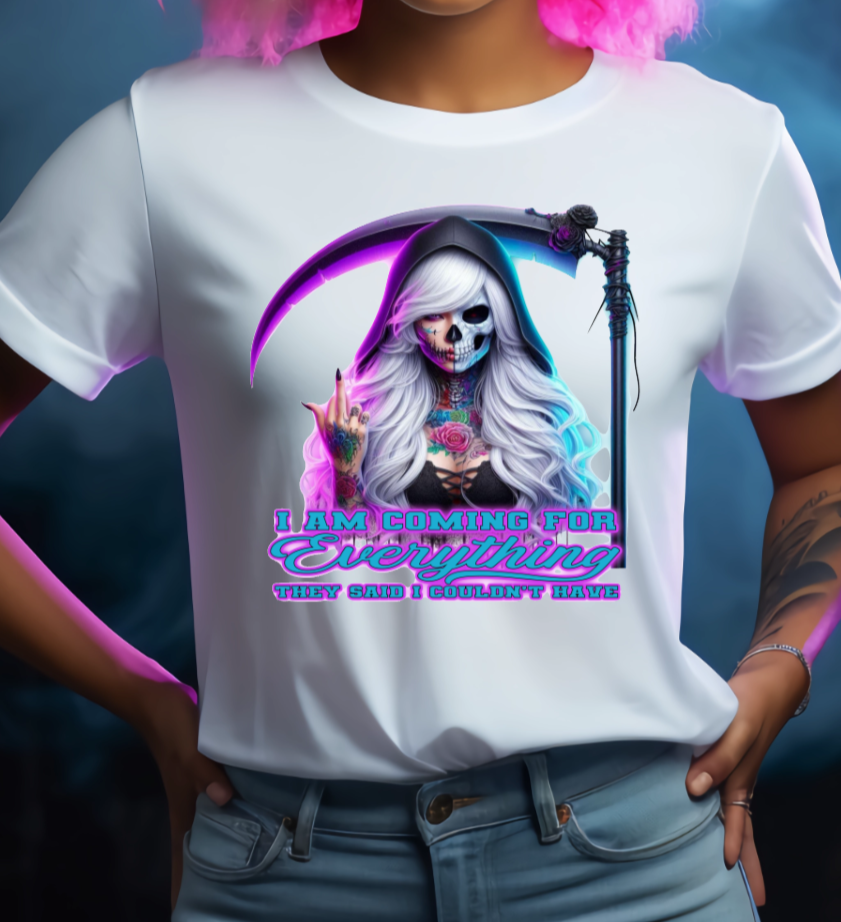 Person wearing a white t-shirt with a graphic design, standing against a dark background with smoke effects.