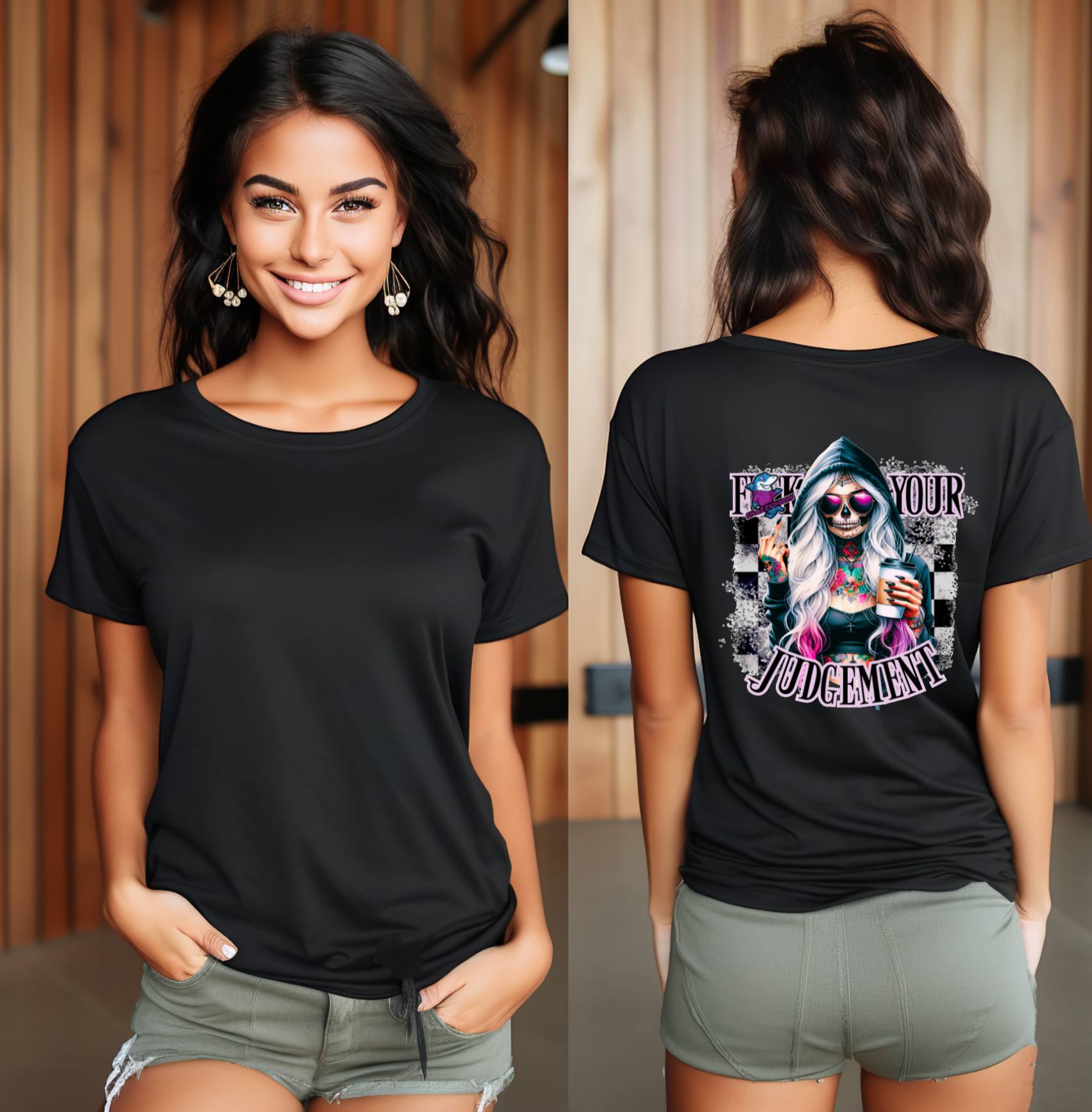 Person wearing a black t-shirt with a graphic design saying rude text F your judgement - rude christmas tshirt gift