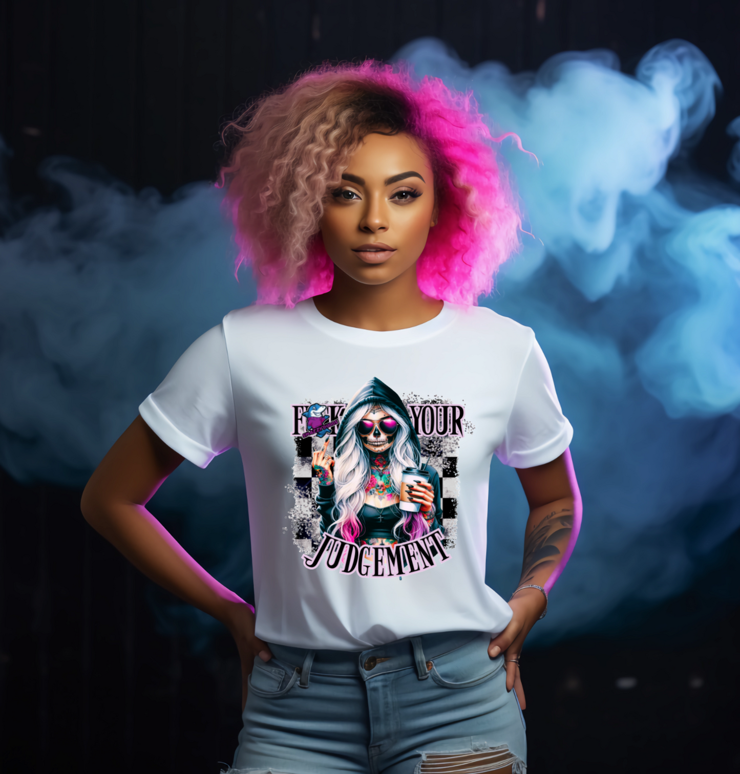 Person wearing a white t-shirt with a graphic design saying rude text F your judgement - rude christmas tshirt gift