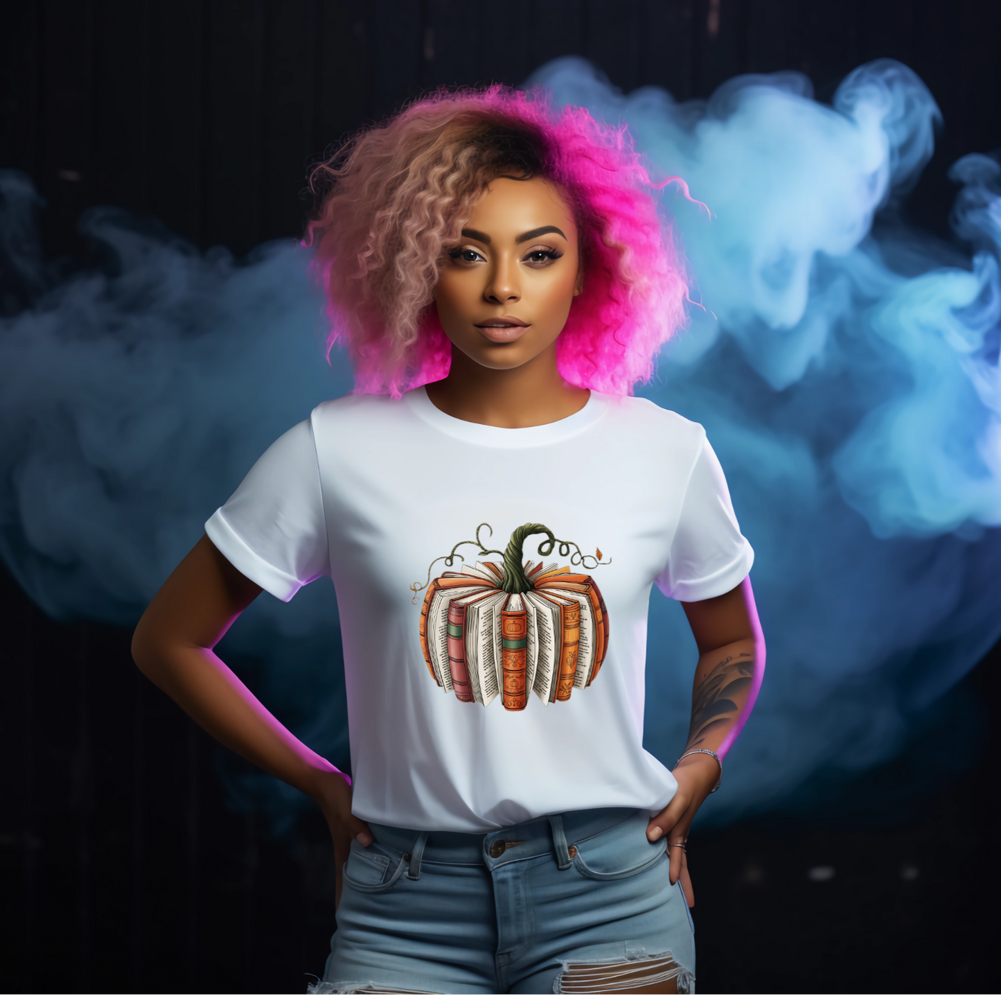 Woman wearing a white t-shirt with a pumpkin design against a dark background with smoke effects
