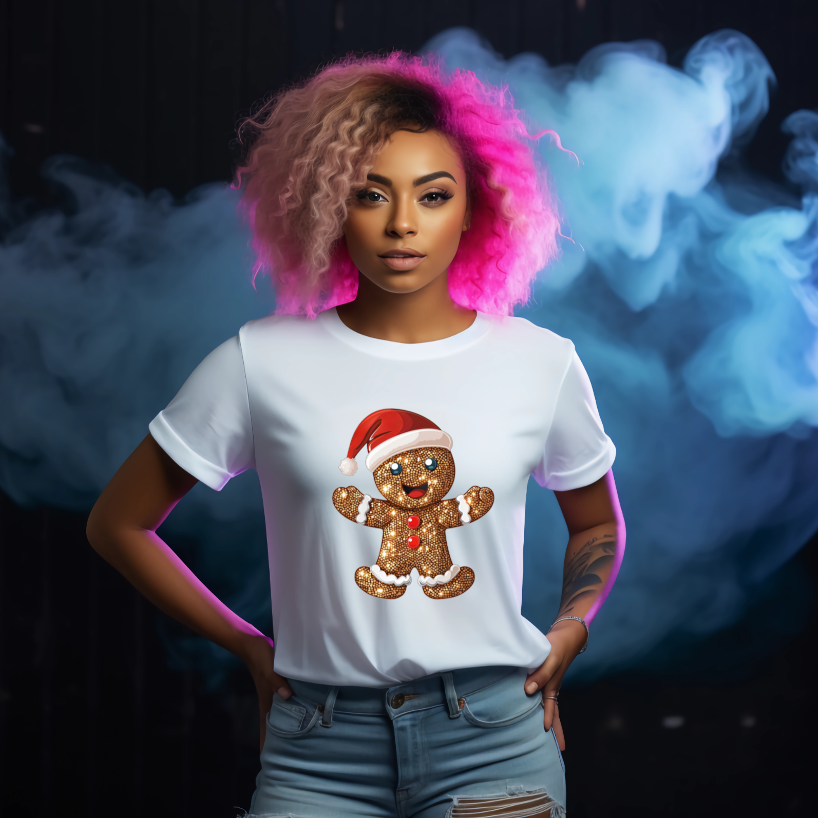 Person wearing a white t-shirt with a gingerbread man design against a colorful smoke background