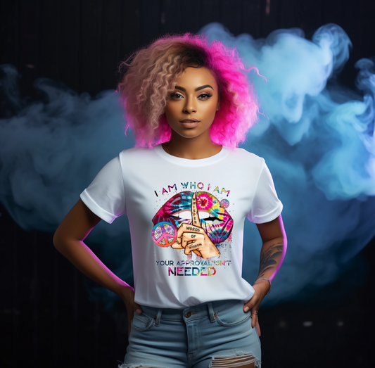 Person wearing a white t-shirt with a colorful design and text, standing against a smoky background.