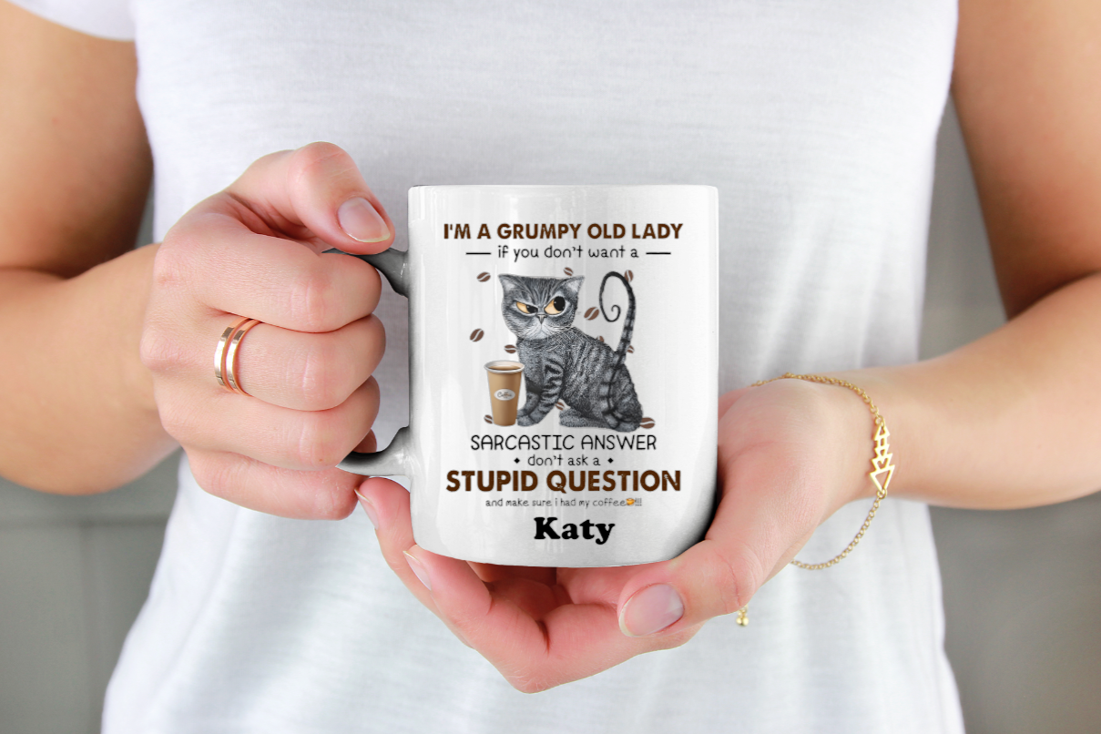 Personalised Cup Grumpy old coffee lady with coffee beans