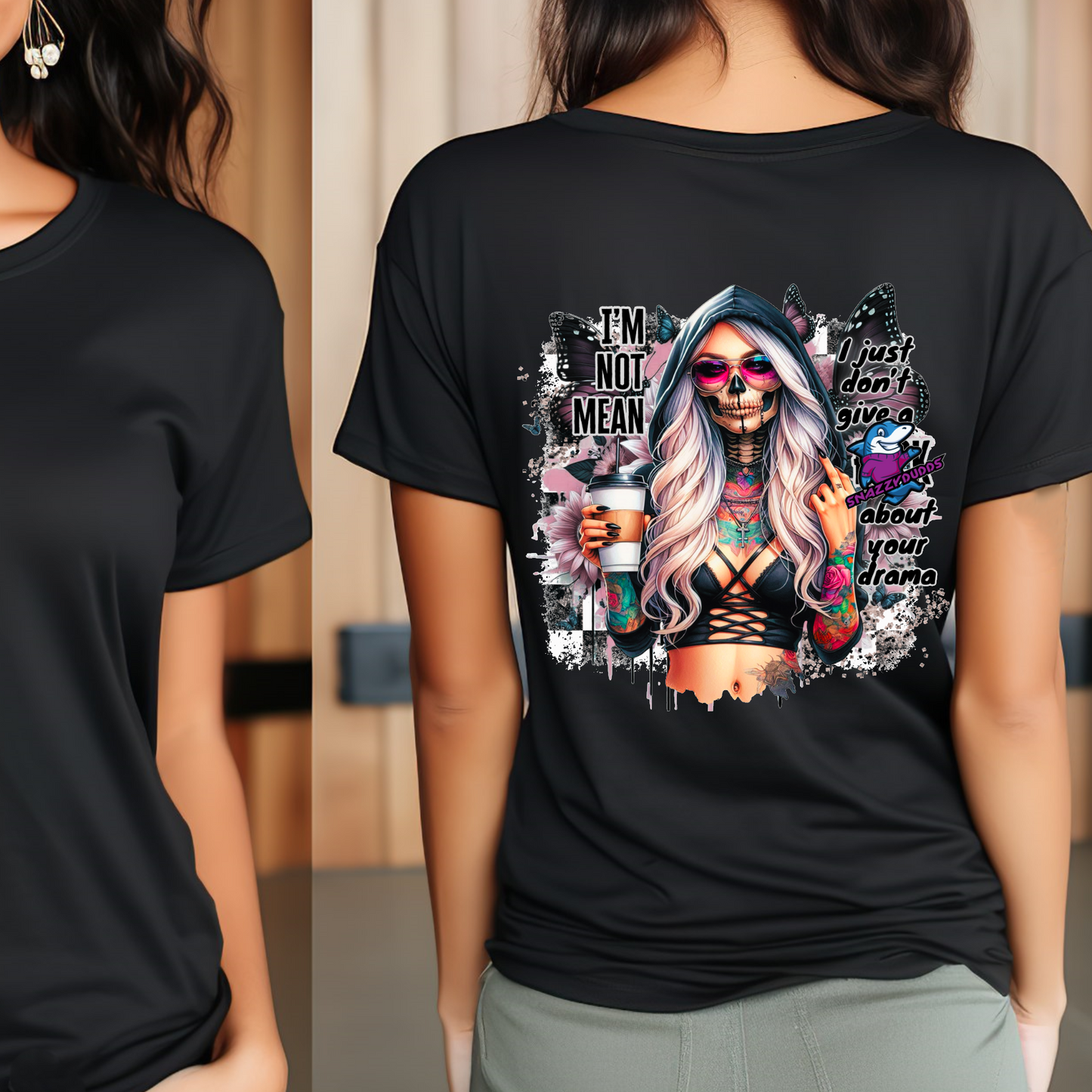 Black t-shirt with a graphic design of a skeleton holding a coffee cup and text on the back.