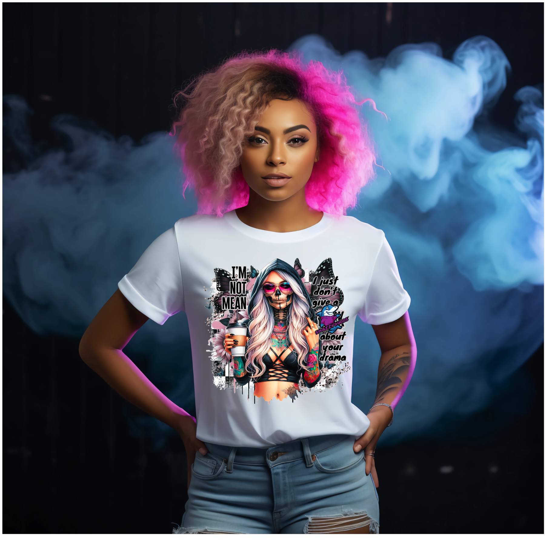 Person wearing a white t-shirt with a graphic design, standing against a dark background with smoke effects.