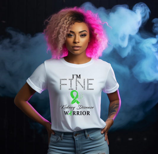 Person wearing a 'Kidney Disease Warrior' t-shirt with a green ribbon against a smoke-filled background 