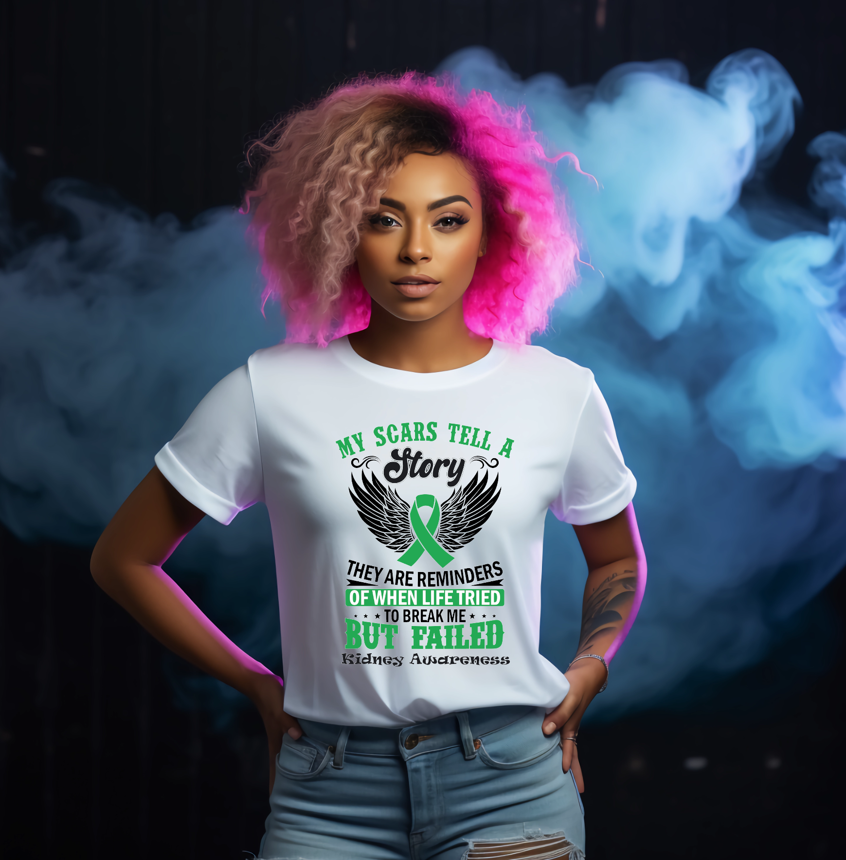 Person wearing a white t-shirt with a green ribbon design and text, standing against a dark background with smoke effects and text with kidney awareness description