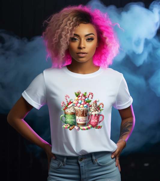 Person wearing a white t-shirt with a colorful graphic design christmas drinks and marshmallows 