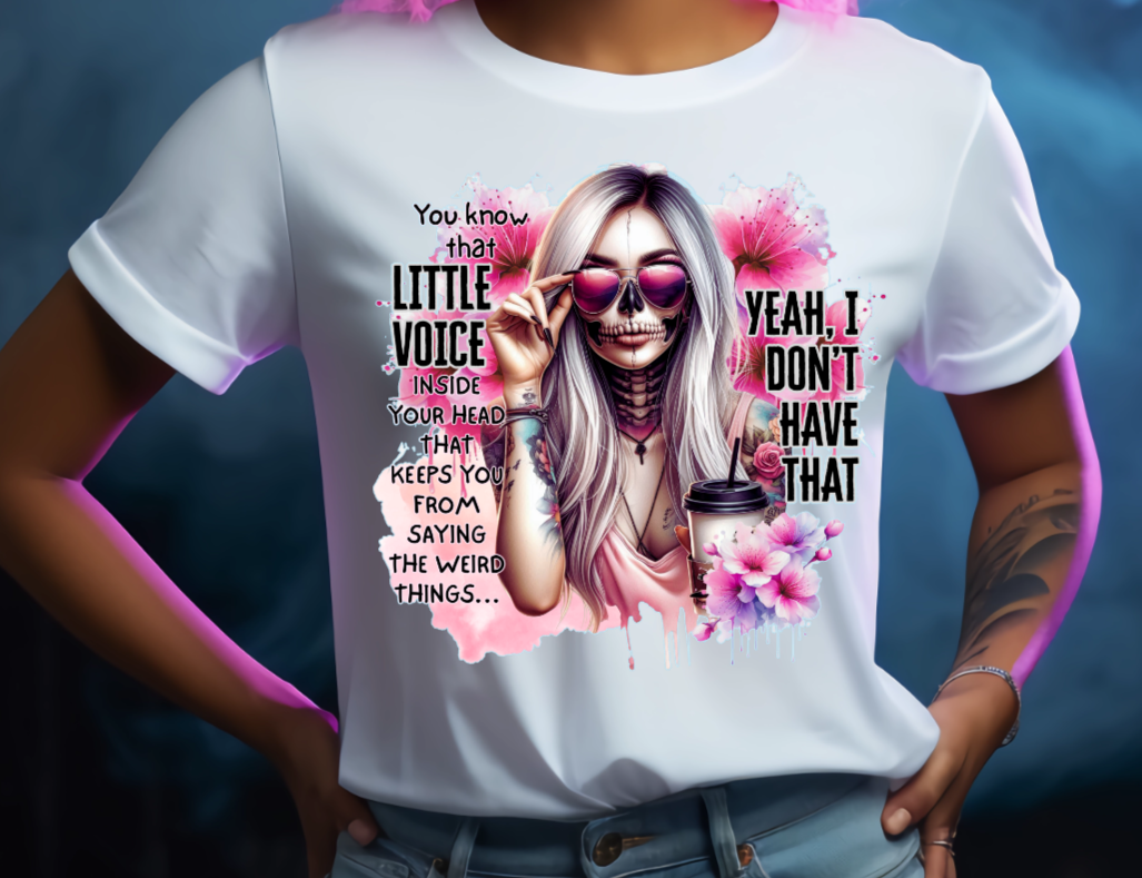 Person wearing a white t-shirt with a graphic design and text.