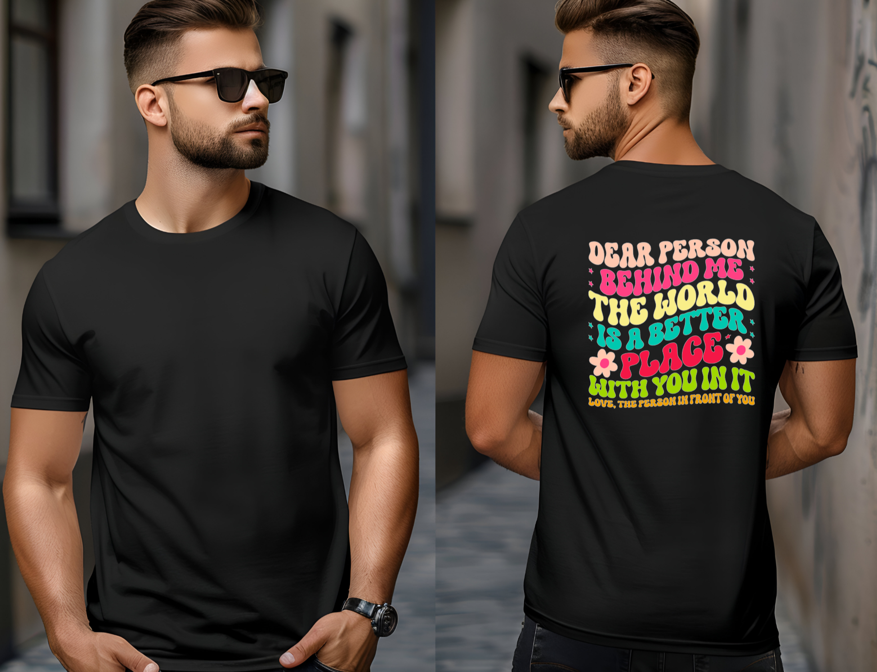 Black t-shirt with colorful text on the back worn by a person, displayed front and back.
