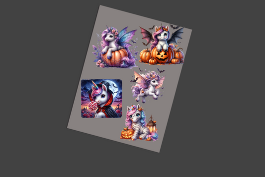 Sheet of Halloween-themed stickers with cartoon characters on a gray background