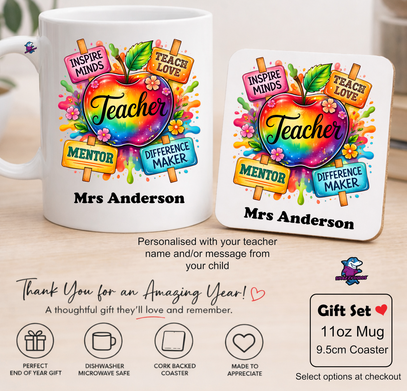 Personalised Teacher Mug & Coaster Set - Custom Thank You Gift for Teacher Apple - Snazzy Dudds