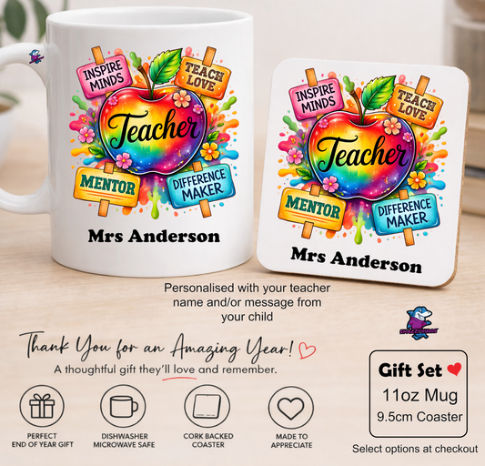 Personalised Teacher Mug & Coaster Set - Custom Thank You Gift for Teacher Apple - Snazzy Dudds