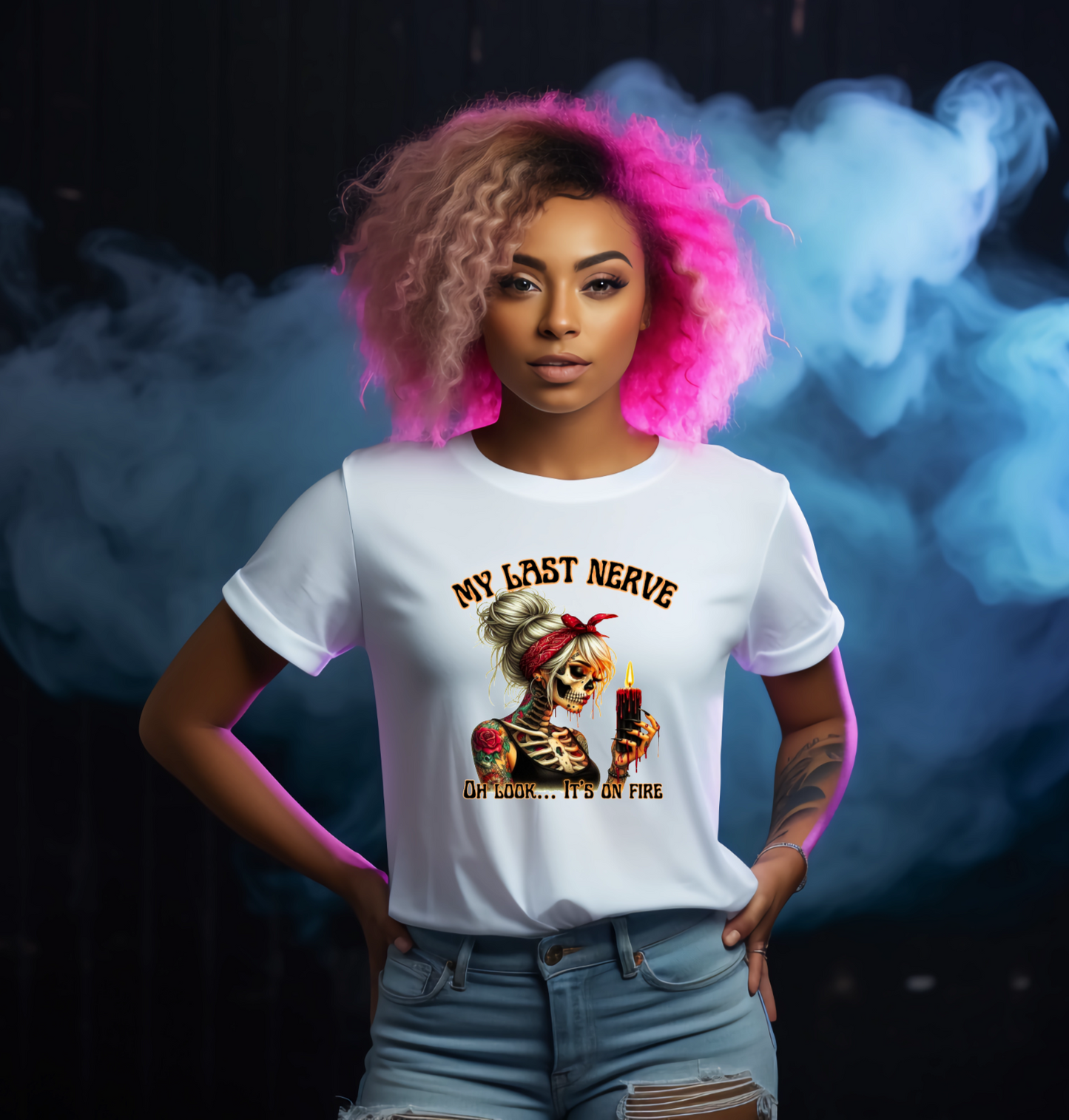 Person wearing a white t-shirt with a graphic design saying my last nerve oh look its on fire gothic halloween tshirt gift
