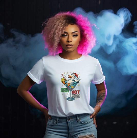 Person wearing a white t-shirt with a colorful graphic design against a smoky background