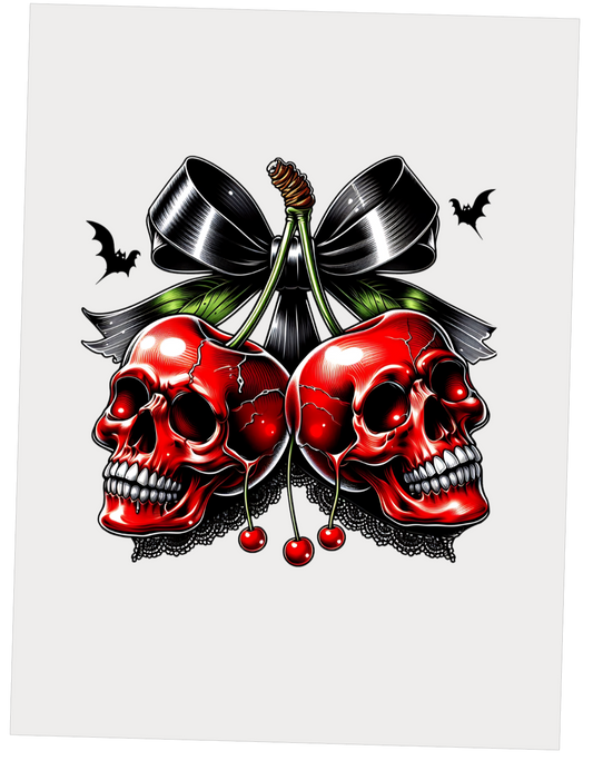 Red Cherry Halloween Spooky Cherry with Bow DTF Transfer