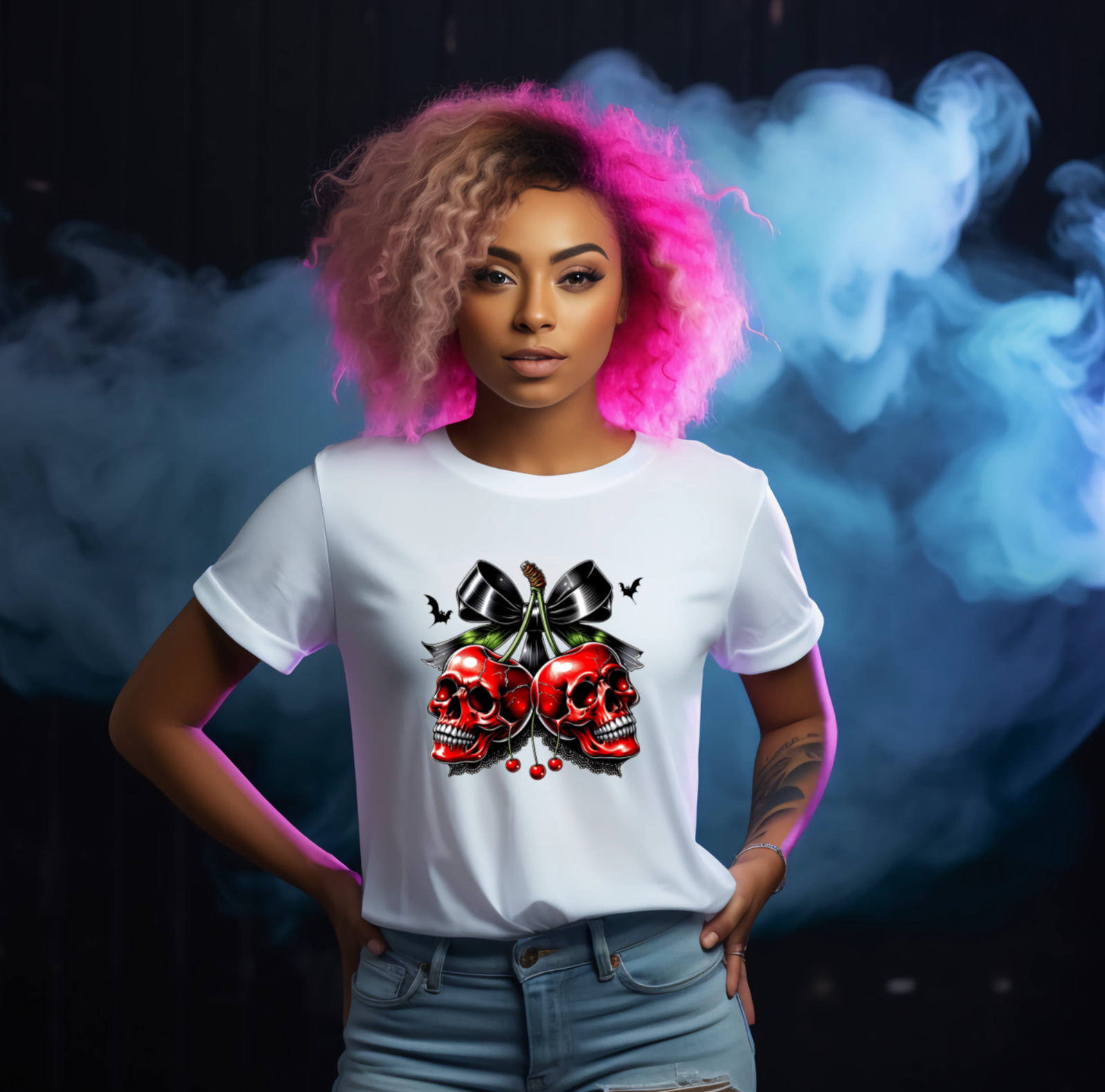 Person wearing a white t-shirt with a graphic gothic halloween red cherry design, standing against a dark background with smoke effects.