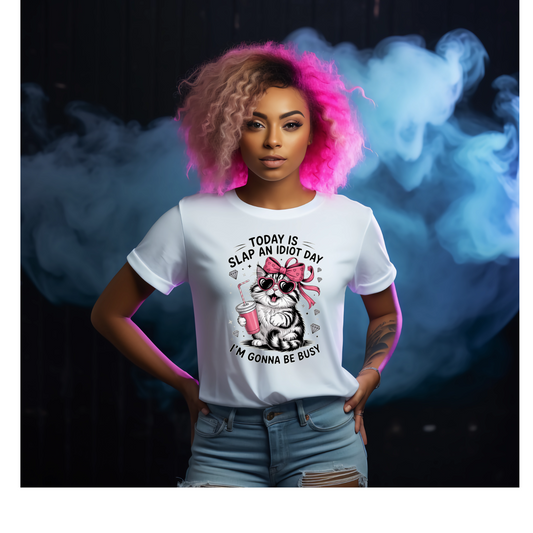 White t-shirt with a graphic of a cat wearing sunglasses and a pink bow, text 'Today is Slap an Idiot Day I'm Gonna Be Busy', on a dark background.