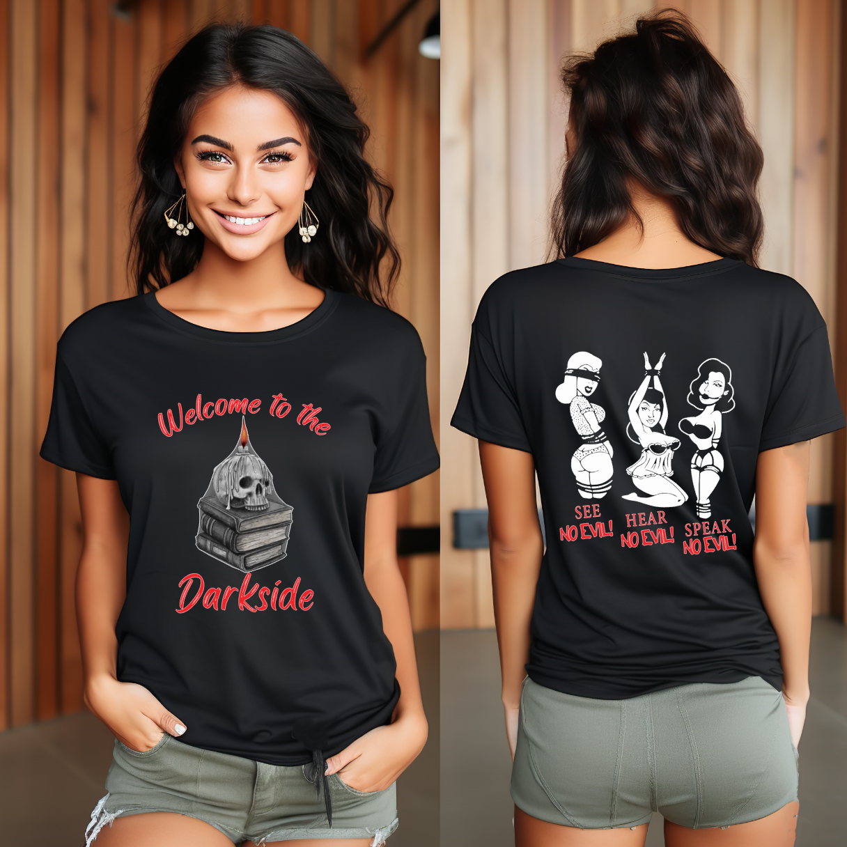 BDSM Adult Kink Events Black Fetish Novelty Gift Unisex Tshirt Tee, Welcome to the dark side, See no Evil Hear No Evil Speak No Evil