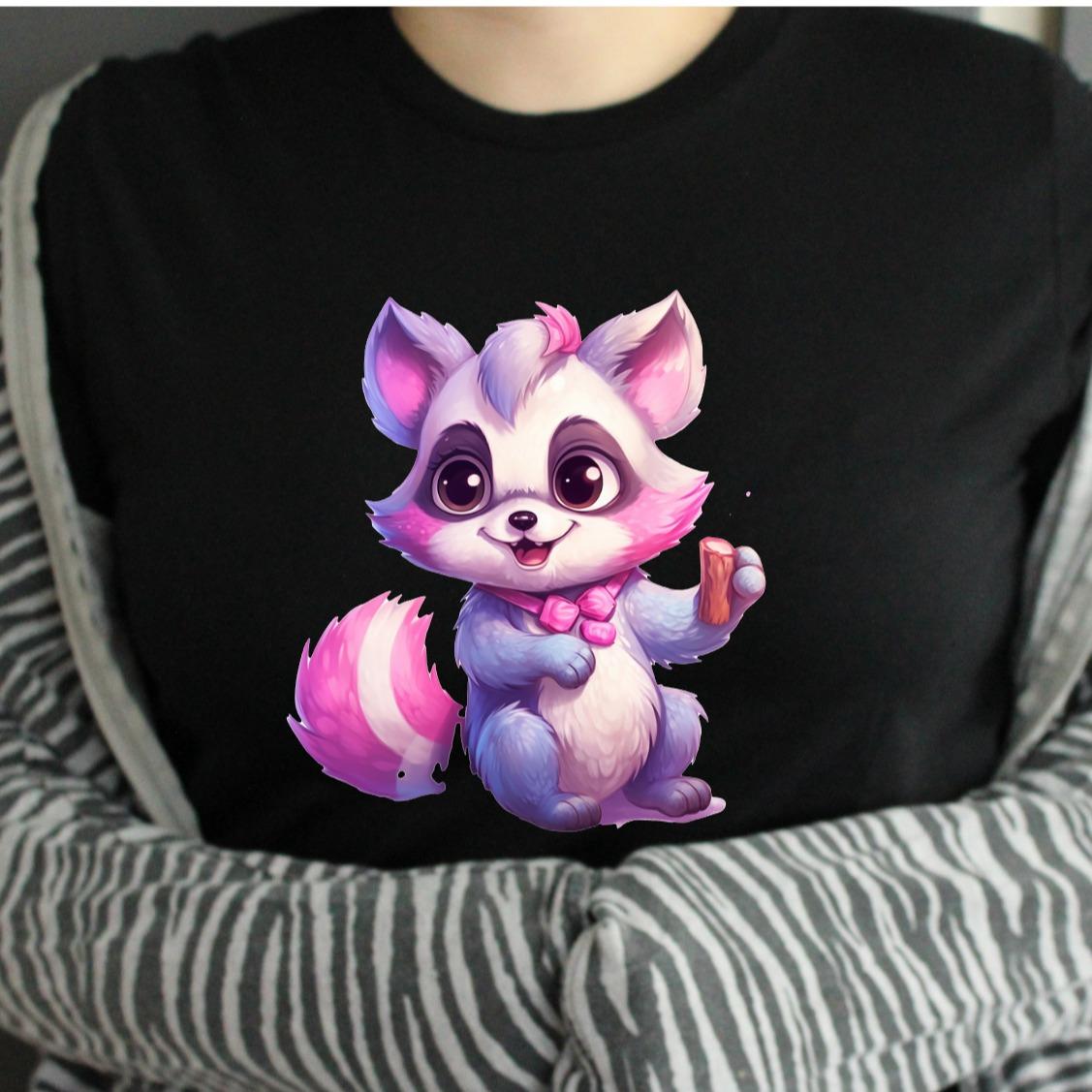 Pink Racoon Colourful Image on Tshirt - Unisex Casual Crew Neck 100% Cotton