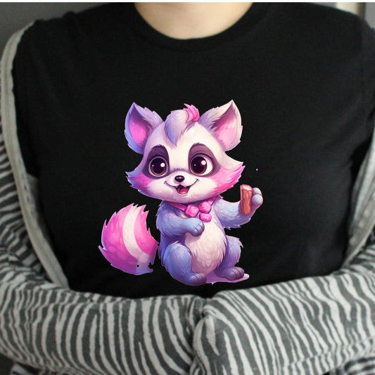 Pink Racoon Colourful Image on Tshirt - Unisex Casual Crew Neck 100% Cotton