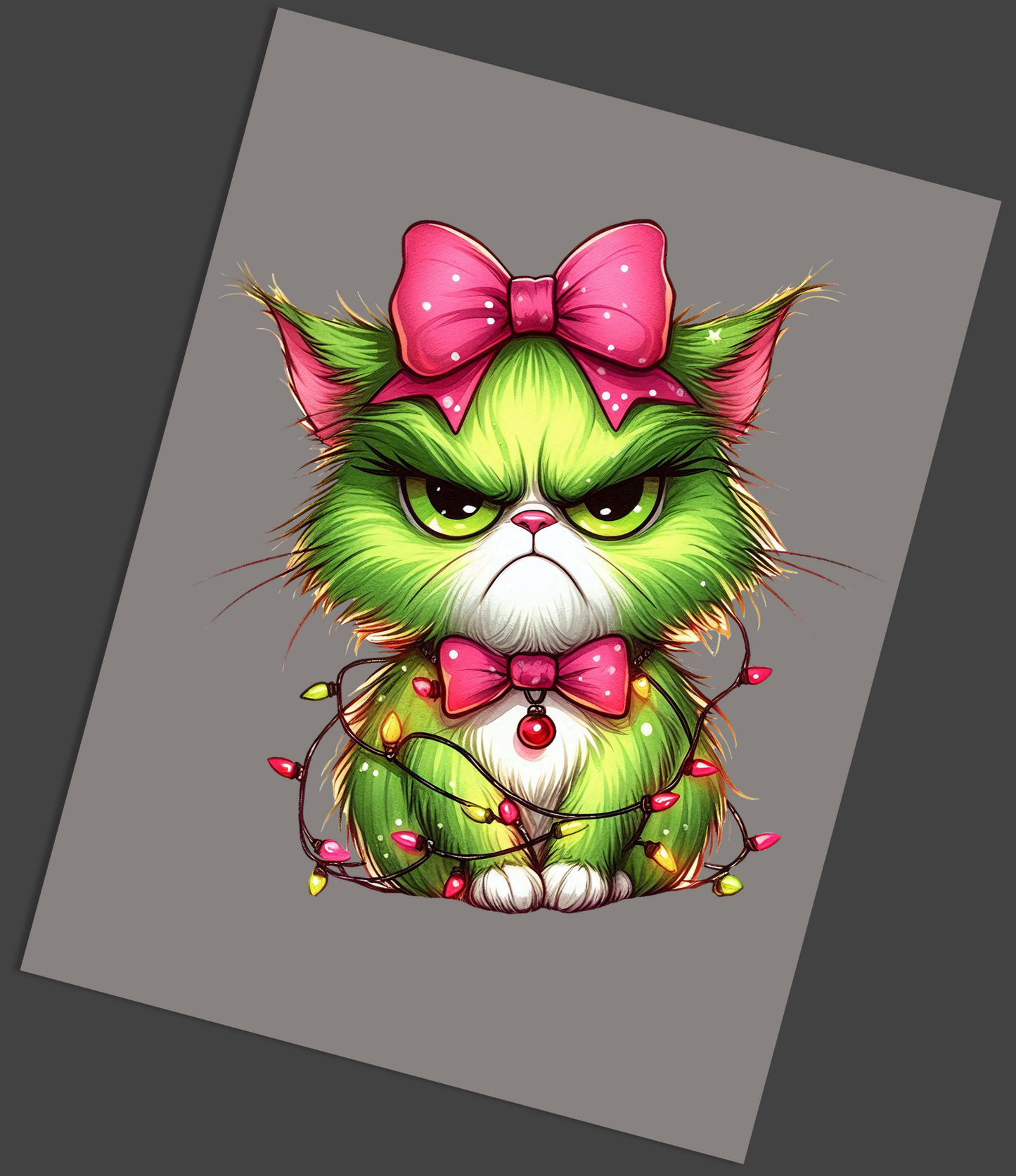 Cartoon cat with green fur, pink bow, and Christmas lights on a gray background DTF Transfer