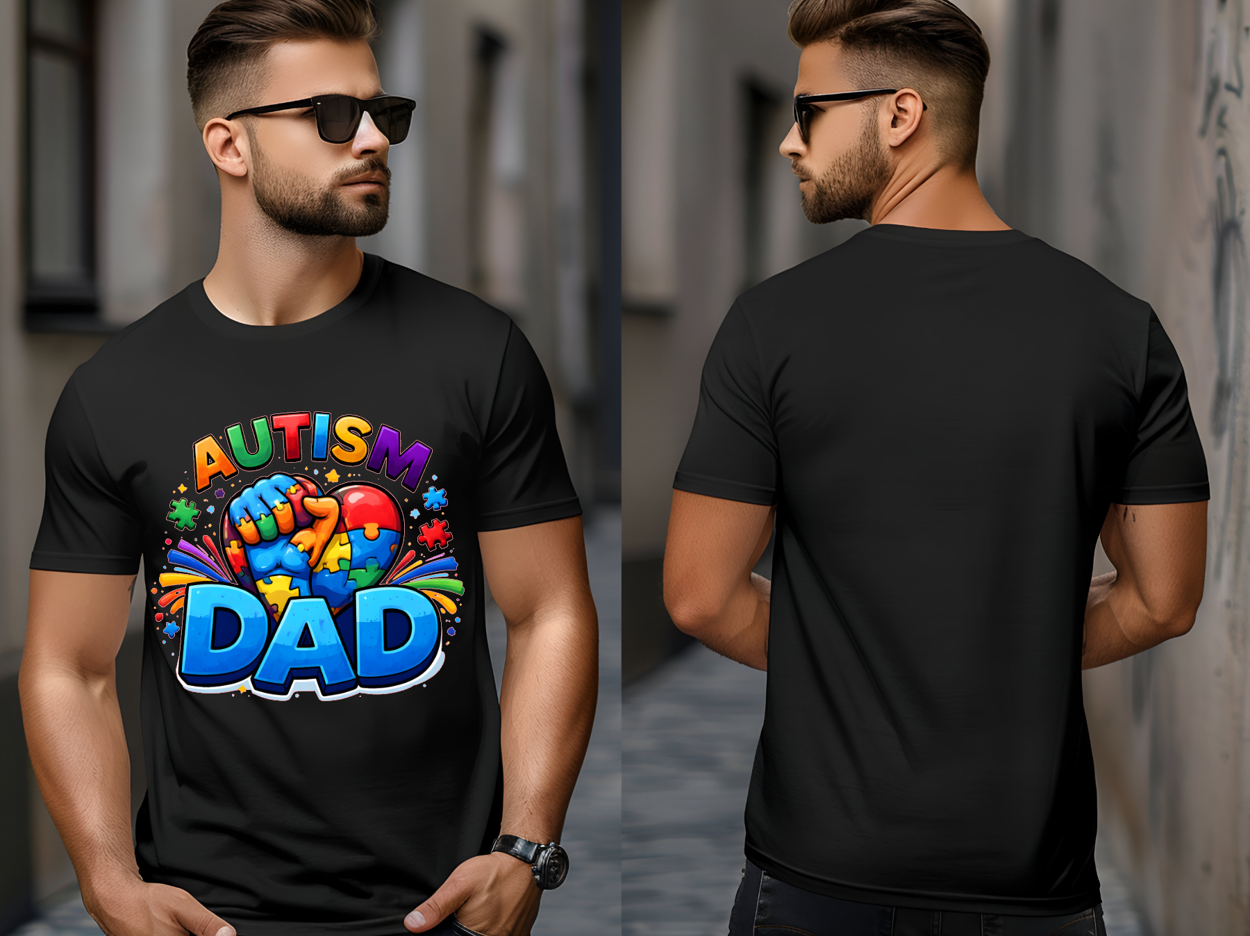 Man wearing a black t-shirt with 'Autism Dad' colorful design, front and back views.