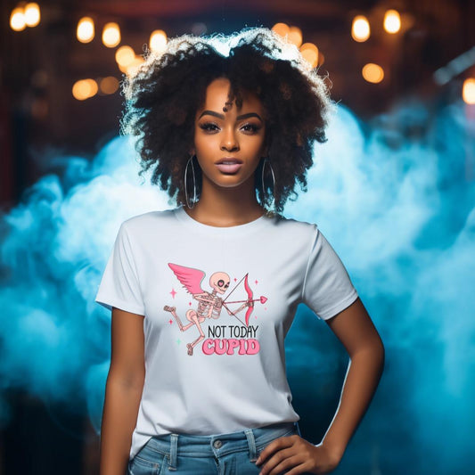 NOT TODAY CUPID: Skeleton Anti-Valentine's Crew Neck Tees Casual Crew Neck Tees White Tshirt Gothic Lovers