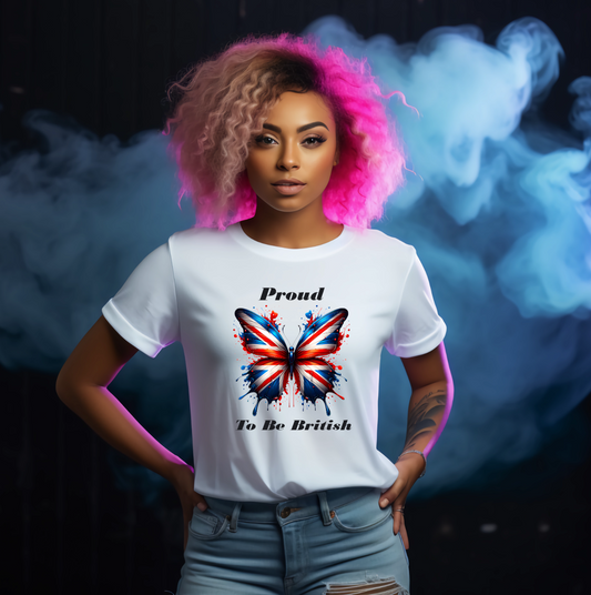 Person wearing a white t-shirt with a butterfly in union jack colours design and proud to be British text, standing against a dark background with smoke effects.