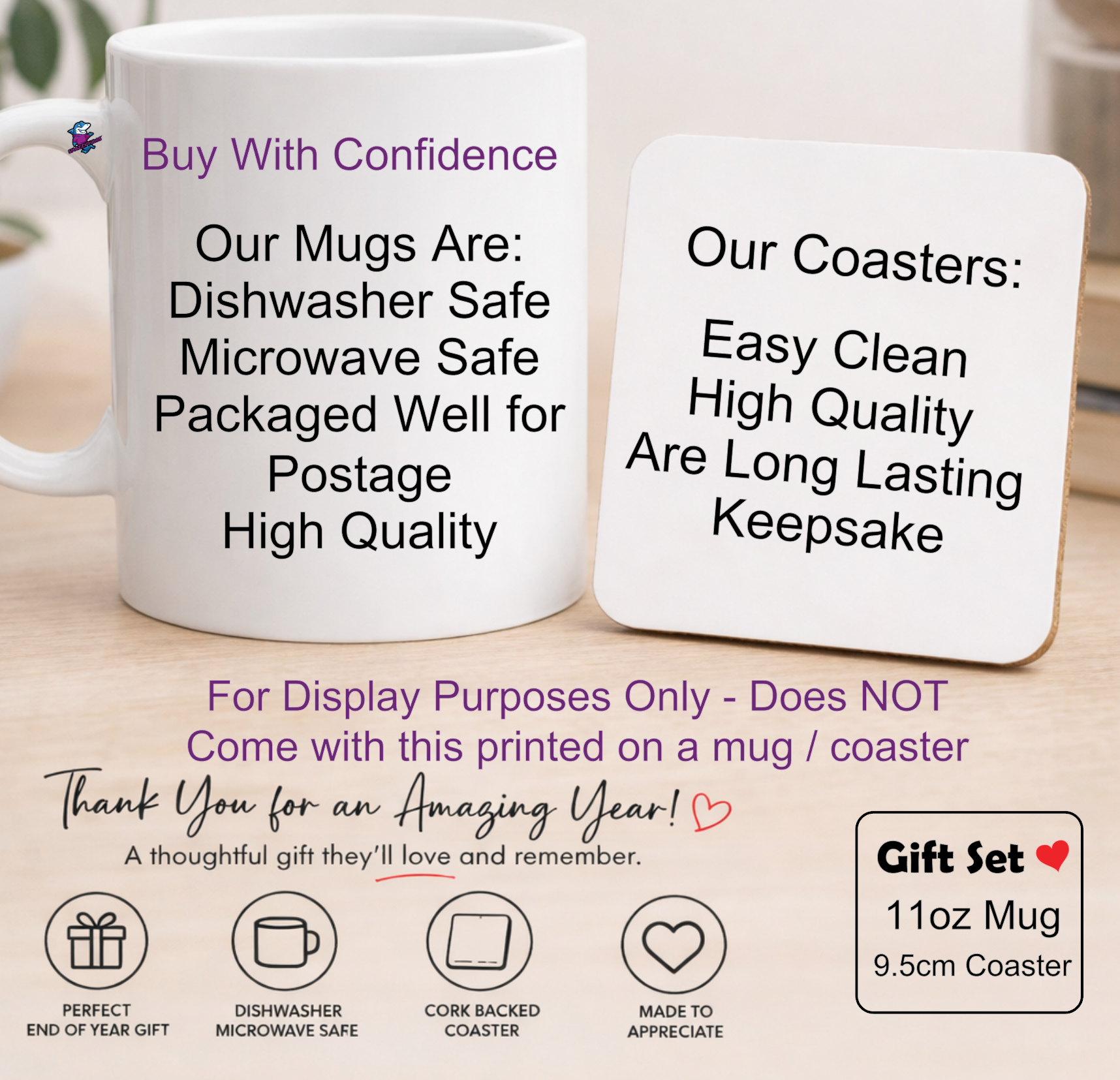 Personalised Teacher Mug & Coaster Set - Custom Thank You Gift Apple and Books for Teacher - Snazzy Dudds